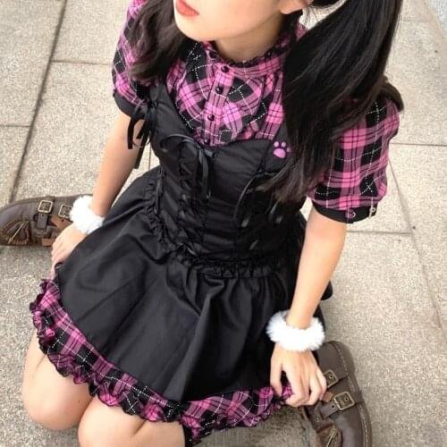 Japanese Lolita Sweet Cool Black Purple Rock Cat Jk Plaid Dress Slim Girl Removable Sleeve Patchwork Short Ruffled Dress Plus