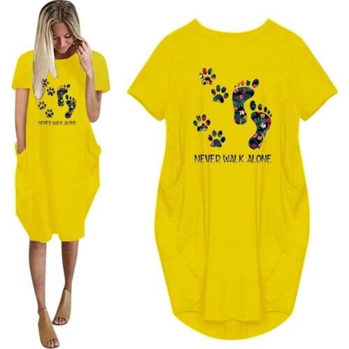 Never Walk Alone Dog Paw Cute Foot Floral Pet Print Women Short Sleeve Dress With Pocket Ladies O Neck Top Female T Shirt Dress