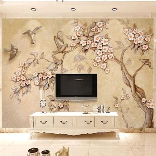 Custom Mural Wallpaper 3D Stereoscopic Relief Tree Flowers Birds Living Room TV Background Wall Painting Waterproof Papier Peint