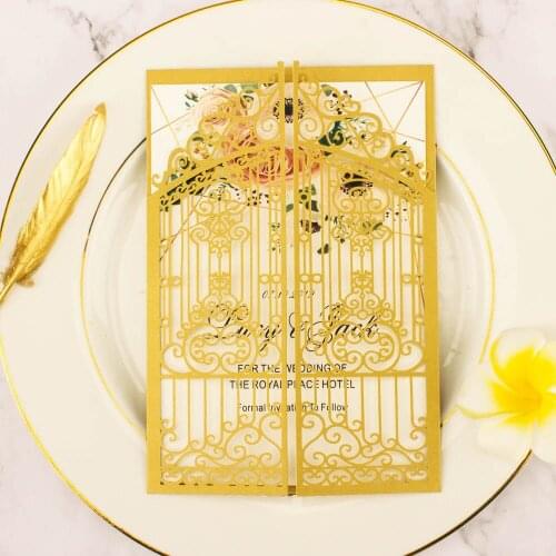 1pcs sample hollow Gate card Laser Cut wedding invitation cards with Embossed Wholesale greeting pocket invite party cover