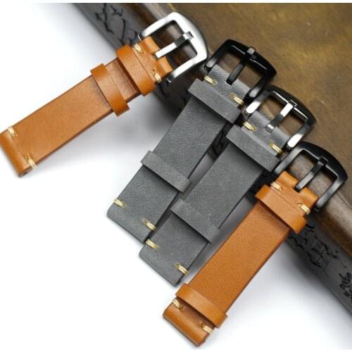 Vintage Leather Watch Band Yellow Grey With Black Silver Stainless Steel Buckle 18mm 20mm 22mm Watch Strap Watchband For Omega
