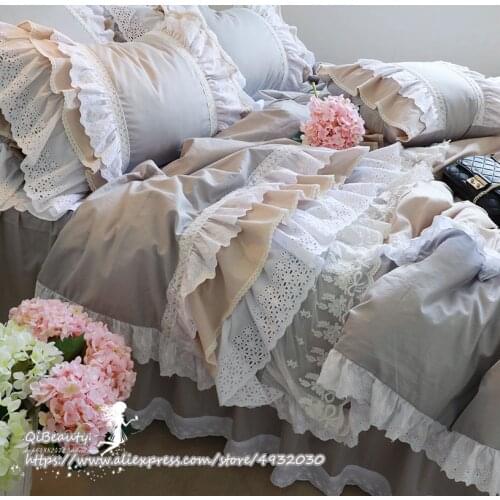 Top Luxury Embroidery European bedroom textile elegant pillowcase cake layers bedding set ruffle duvet cover lace bed skirt