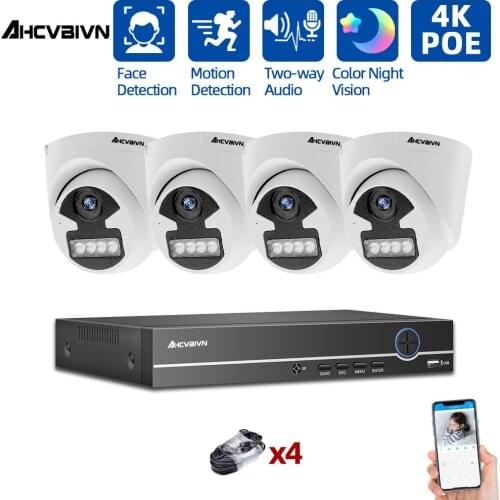4CH 4K Home Security NVR POE CCTV Camera System AI Face 5MP Two-way Audio Outdoor Color Night Vision Video Surveillance Kit P2P