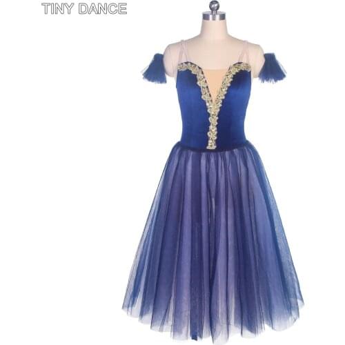 Dark Blue Camisole Ballet Dress Girls Long Ballet Dance Tutu with Soft Tulle Arm Bands Performance Costume Leotard Dress 19070