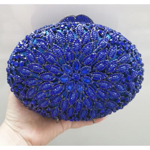 Blue Rhinestone Crystal Flower Clutch Bag For Lady Diamond Shoulder Chain Handbags Elegant Women Rhinestone Evening Party Purse