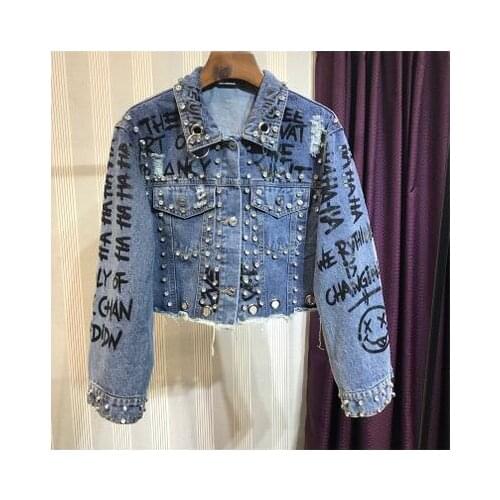 2020Autumn turn down collar long sleeve crystal rhinestone patched doodle letter print holes denim jeans short crop top coat