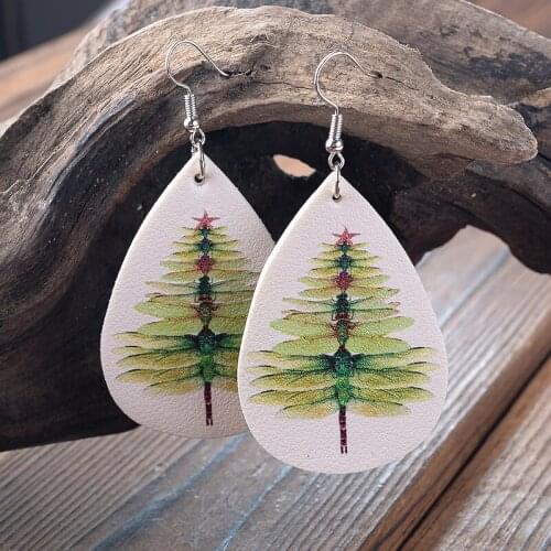 2021 Wholesale Hot Sale Leather Earrings Water Drop Christmas Tree Dragonfly Leopard Earrings for Women Girl Christmas Gift