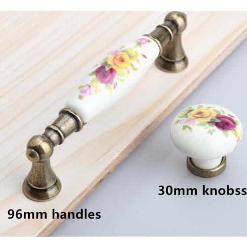 96mm peony porcelain pull handles rural ceramic drawer cabinet knobs bronze dresser handle retro fashion furniture handles knobs