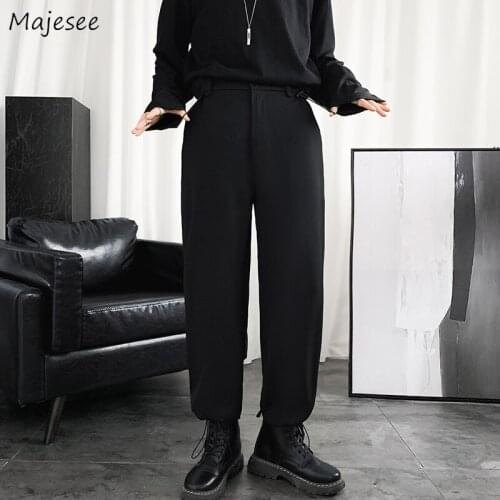Black Solid Men Casual Pants Design Zipper Fly Harem Trousers Harajuku Hong Kong Style Tie Feet All-match Streetwear Ulzzang Ins
