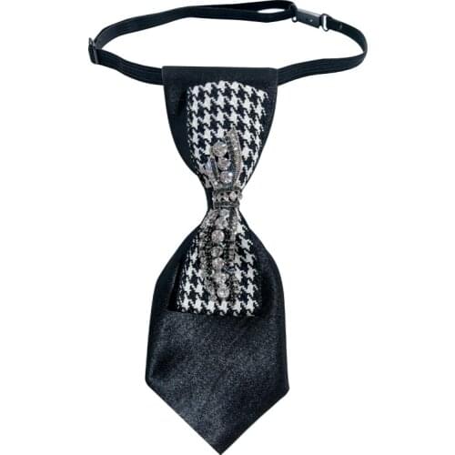 Vintage Style Neck Tie Jk Small Tie Korean Classic Houndstooth Plaid Fringe Crystal Rhinestone Double Bow Tie School Accessories