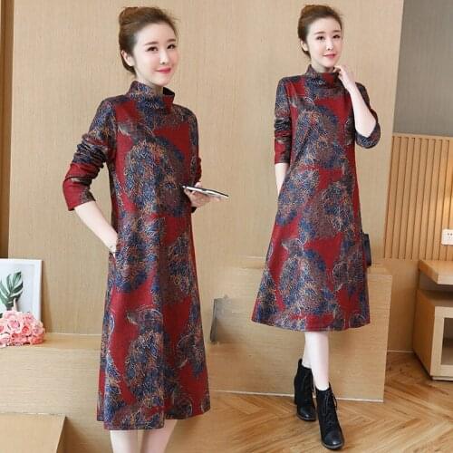 Sping Floral High Round Neck A-Line Natural Vintage Simple Long Sleeve Elegant Fashion Plus Size Cocktail Dresses