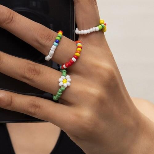 Bead Flower Ring Set For Women Bohemian Fashion Handmade Colorful Rice Bead Butterfly Floral Finger Ring Jewelry Party Gift