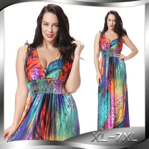 New womens clothing bohemian v-neck dresses womens dresses european dresses plus size xl-7xl full dress ankle-length 5224