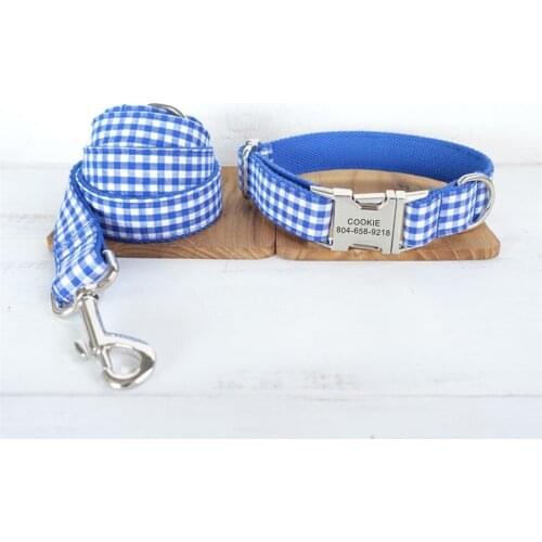 Personalized Pet Collar Customized Nameplate ID Tag Adjustable White Blue Plaid Cat Dog Collars Lead Leash Set