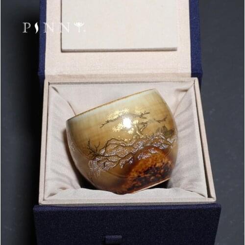 PINNY 100ML Outline In Gold Master Cup Pigmented Kung Fu Teacups Retro Traditional Chinese Drinkware Ceramic Glaze