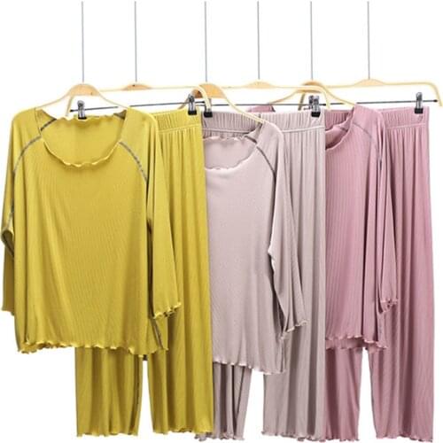 Modal Pijama Adulto Feminino Home Suit Women Autumn Long Sleeve Pyjamas Sleepwear Loose Women Pajamas Set Plus Size M-3XL