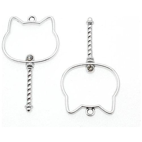 10pcs Kawaii Cat Key Pendant with Crystal Resin Jewelry DIY Bezel Frame Setting Silver Animal Shape Charm