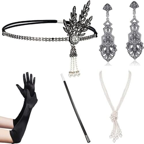 1920s Flapper Accessories Set Great Gatsby Costume Diamond Headband Necklace Gloves Earring Cigarette Holder Women Gala Party