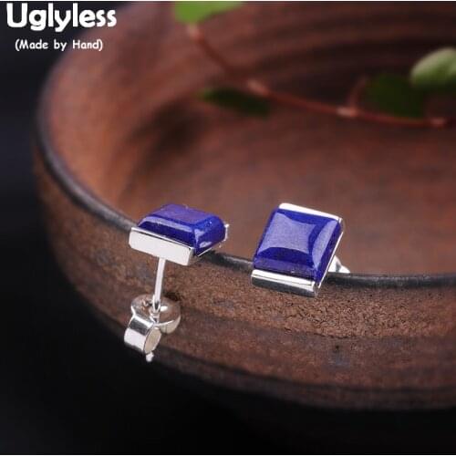 Uglyless Rare Lapis Agate Square Stud Earrings for Men Women Unisex MINI Gemstones Studs Real 925 Silver Brincos Jewelry E1534