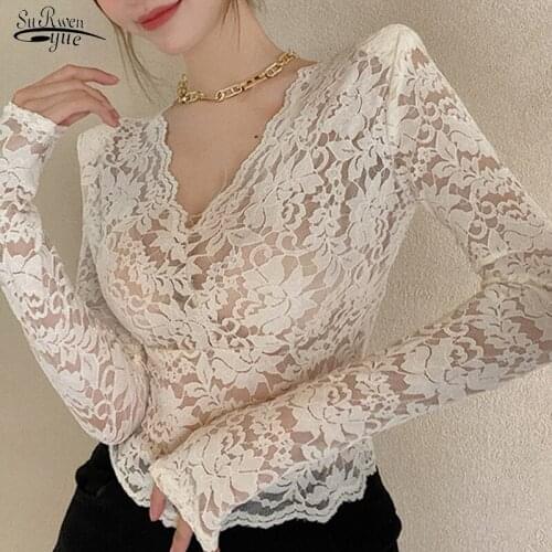 French Chic Sexy Short Transparent Floral Shirt Summer V-neck Lace Blouse Women Ladies New Slim Long Sleeve Bottoming Tops 13431