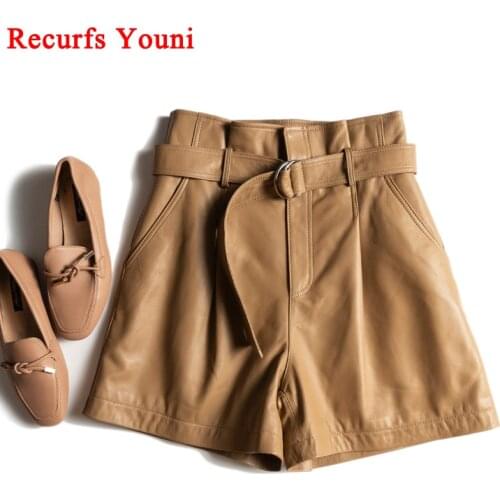 Winter Women Harajuku Genuine Leather Shorts With Belt Double Ring Elastic High Waist Casual Mujer Sexy Booty Shorts Scanties