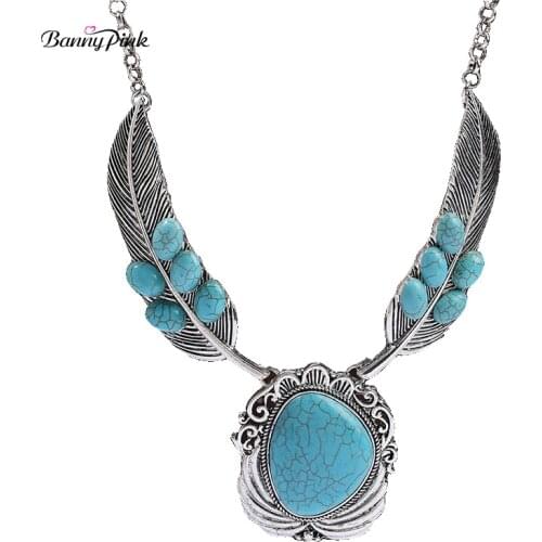 Banny Pink Vintage Turquoises Necklace For Women Ethnic Feather Statement Choker Collar Cluster Stone Pendant Choker Necklace
