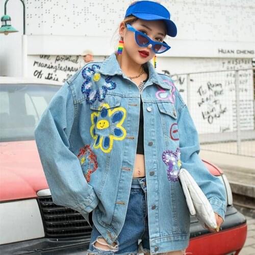 Hand-painted Flower Print Sequins Loose Demin Jacket Women 2021 Long-sleeved Cardigan Plus Size Jeans Coats Outfits