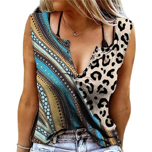 Ladies Summer Slim Fit Sleeveless t-shirt Temperament Commuter Printed v-neck Vest Casual t-shirts