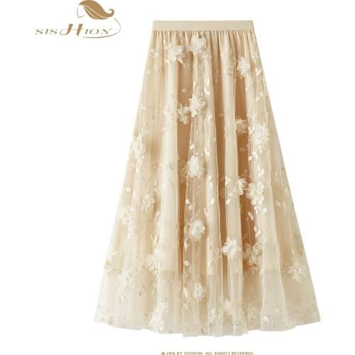 SISHION Mesh Embroidery Plus Size Long Skirt WF0152 High Waist 2020 Autumn Women Ladies Pink Black Tulle Skirt