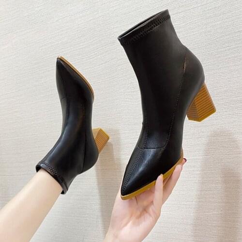 Womens high-heeled short boots 2021 spring and autumn new style pointed mid-tube thick-heeled nude boots 34-39