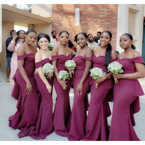 Womens Sexy Long Burgundy Mermaid Bridesmaid Dresses with Peplum African Maxi Off Shoulder Backless Formal Evening Gown Custom