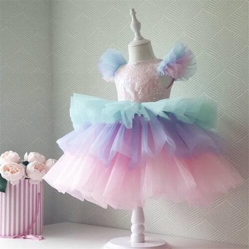 Shiny Sequins Tiered Tulle Girls Dresses Princess Birthday Party Gown Girls Clothes Flower Girl Dress 1-14Years