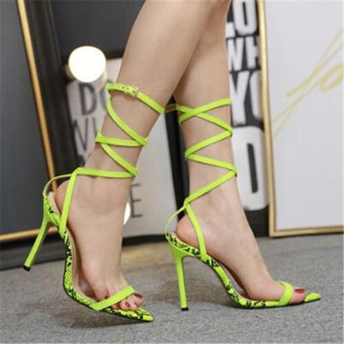 Women Sandals Fashion Thin High Heels Sandals Shoes Pointed Toe PU 12CM Lace Up Front & Rear Strap Rhinestones women shoes