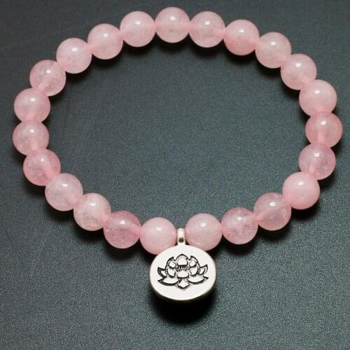 Natural Pink Crystal Bracelet Healing Biddha Charm Bracelets Wrist Mala Beads Stone Lotus Yoga Bracelet Chakra Jewelry Women