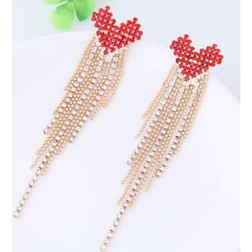 Long Tassel Earrings For Women silver and gold Color Big Shiny crystal Heart Drop Earrings Jewelry