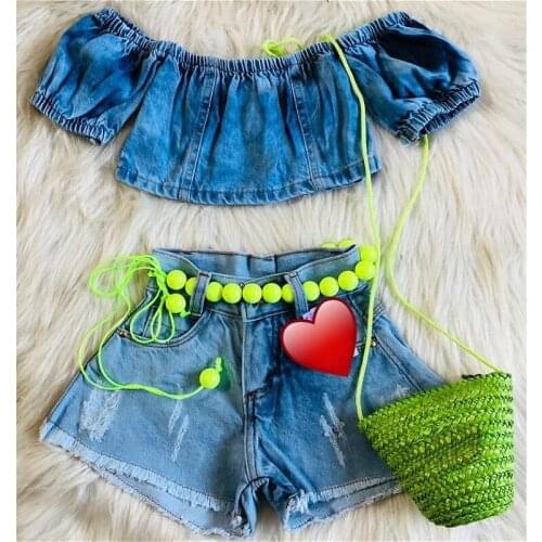 1-5Y Baby Girls Clothes Set 2021 Summer Kids Off Shoulder Short Sleeve Crop Tops + Pocket Shorts Fashion Children Denim Outfits