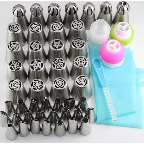 Mujiang 50Pcs Russian Tulip Nozzle Bakeware Icing Piping Tips Baking Pastry Cake Decorating Tools 1 Pcs Silicone Bag 3 Coupler