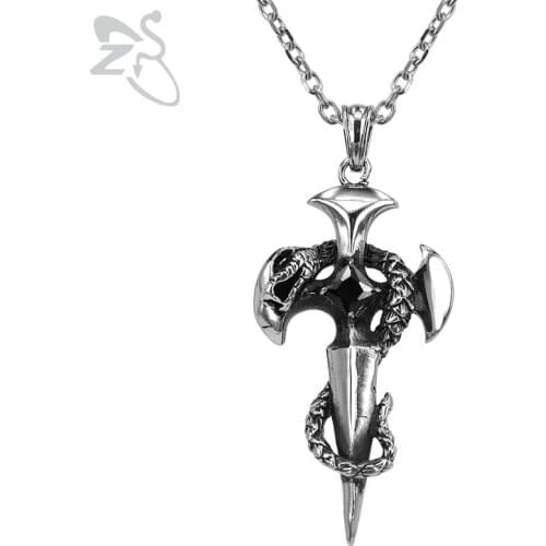 ZS Punk Pendant Necklace Cross Sword with Snake Shape Pendants Stainless Steel Jewelry for Men Vintage Hip Hop Biker Necklaces