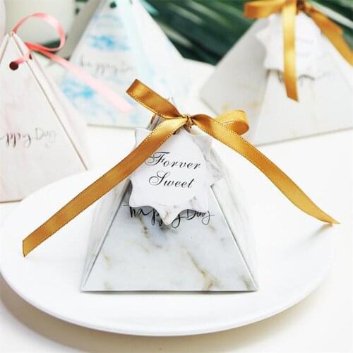 Newest Pyramid Marble Figure Paper Candy Boxes Baby Shower gift box Birthday Wedding Party Favor Box with ribbon and tag