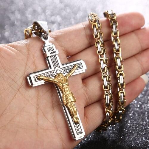2018 New Design Piece Catholic Jesus Christ Cross Crucifix Stainless Steel Pendant Necklace 24" Chain 4 styles