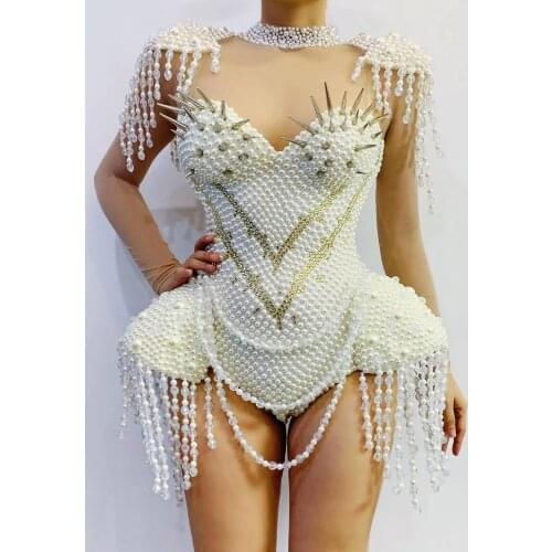 Women New Luxurious Pearls Stones Bodysuit Sexy Tranparent See Through Leotard Dance Show Costume Party Tassels Costume outfit