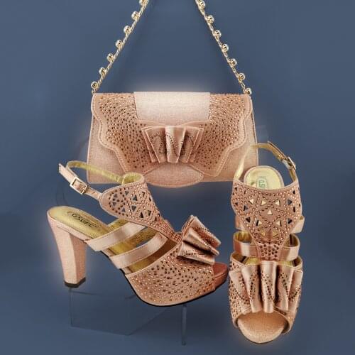 New Arrival Hot Selling Red Color Crystal Style Italian design Wedding Women Shoes and Bag Set for Party