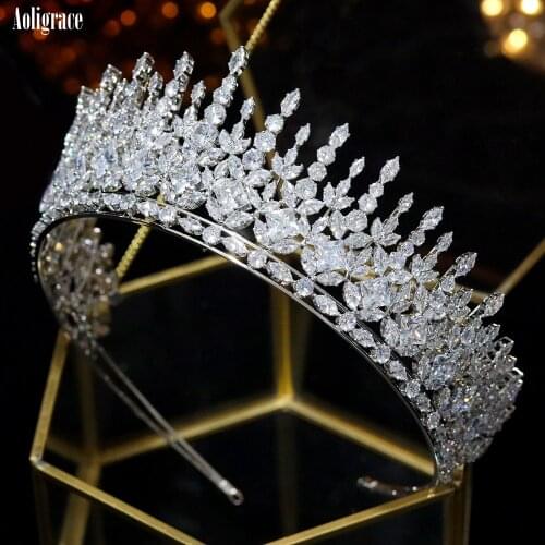 New Design Big Cubic Zirconia Wedding Crowns Platinum Plated CZ Tall Tairas Birthday Party Pageant Headpieces Bridal Headwear
