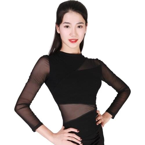 Latin Dance Shirts Ladies Black Round Neck Tops Women Tango Samba Salsa Cha Cha Dance Clothes Performance Practice Wear