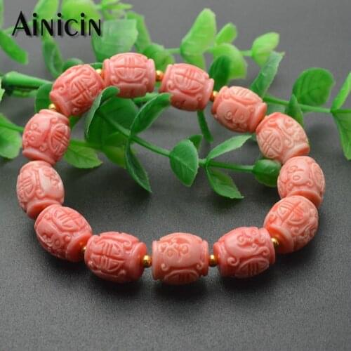 Pink Shell Powered Chinese Ancient Dragon Carved 12x13mm Barrel Shape Stretch Bracelets Fashion Women Gift Jewelry 5pcs/lot