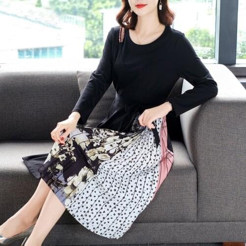 Vintage Casual 3XL Plus Size Long Sleeve Dresses 2021 Spring Black Patchwork Pleated Midi Dress Elegant Bodycon Party Vestidos