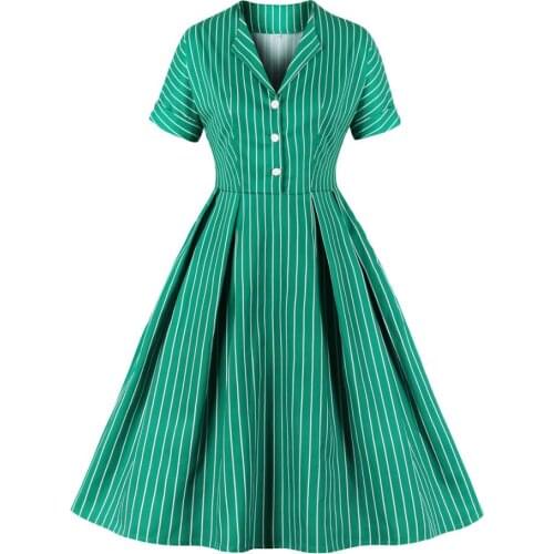 Stand collar Button Up Vintage Green Dress SP1294 Women Short Sleeve 50s 60s Retro Vintage Dresses With Pockets
