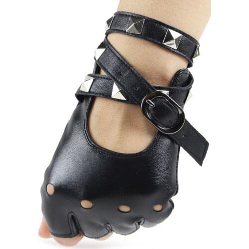 1 Pair Half Finger PU Leather Gloves Women Rock Punk Style Rivet Fingerless Black Gloves New Mittens Luvas Decorative Rock