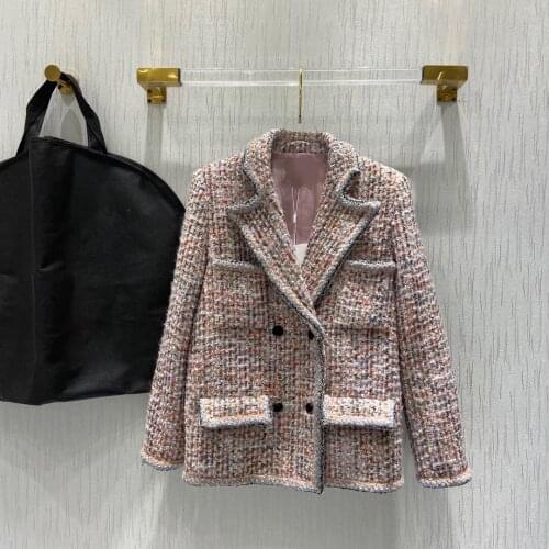 Luxury Design 2021 Spring Fall Cotton Blend High Quality Tweed Silk Lined Double Breasted Blazer