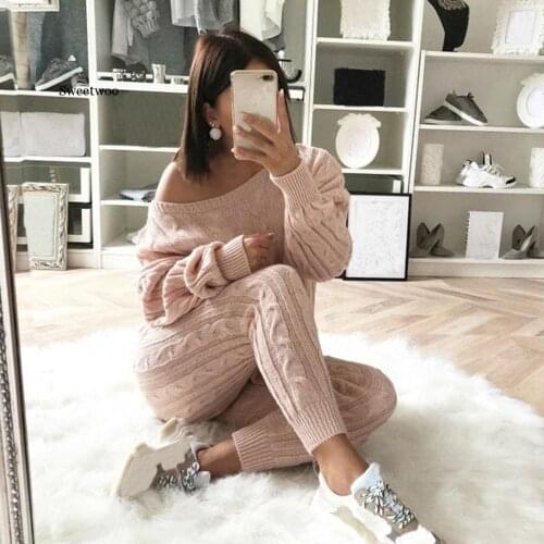 Women 2 Piece Set Tracksuit Autumn Winter Knitted Set Ladies O Neck Pullover Solid Color Tops+Pants Set Outfit